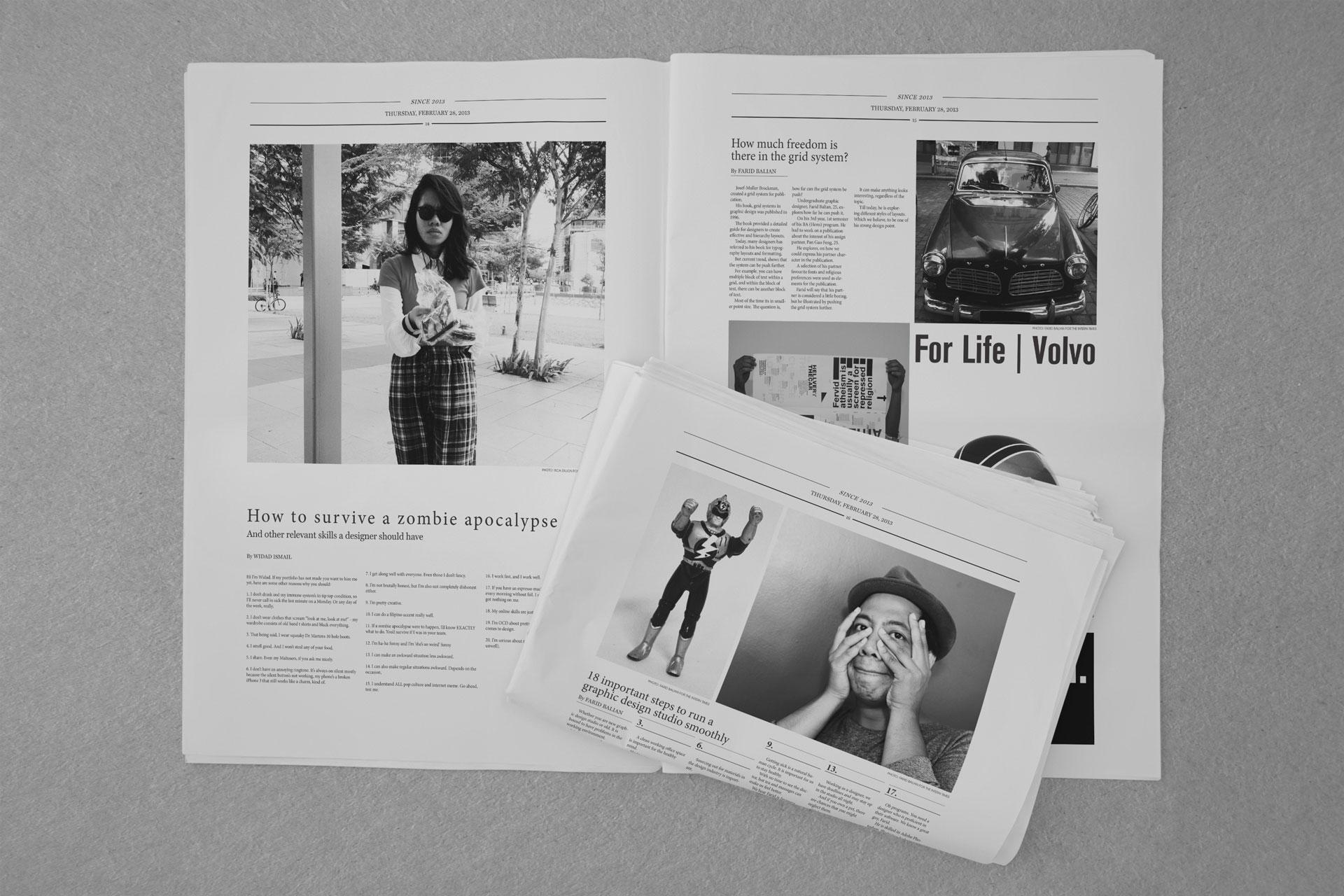 Several issues layered on grey: a portrait feature, a piece on the grid system beside a Volvo advertisement, and a folded copy on top.