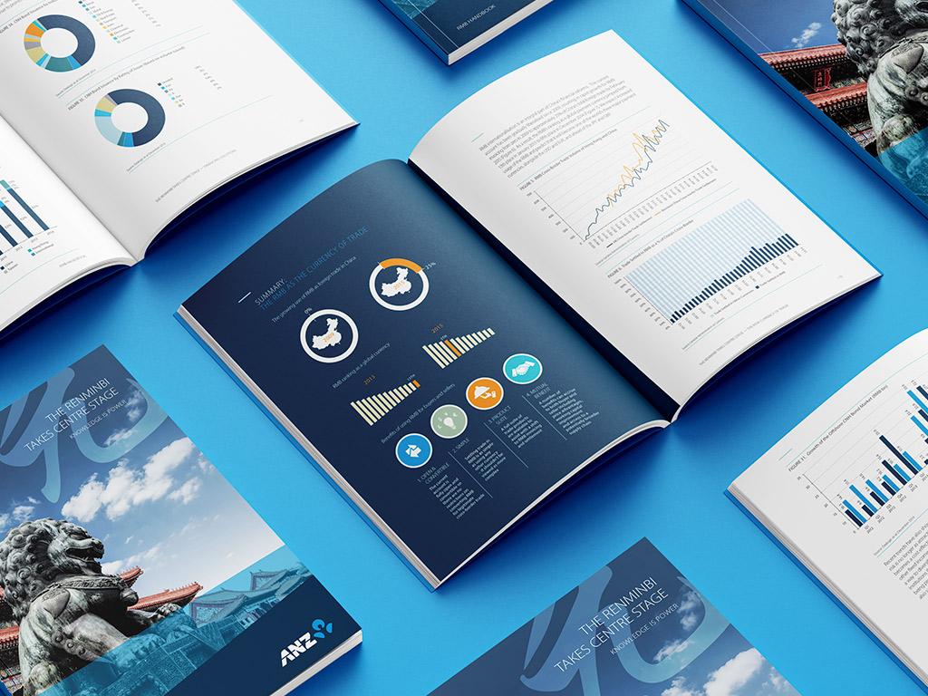 Printed copies of the ANZ renminbi report fanned across a blue surface, one open to a navy summary spread of donut charts and icons.