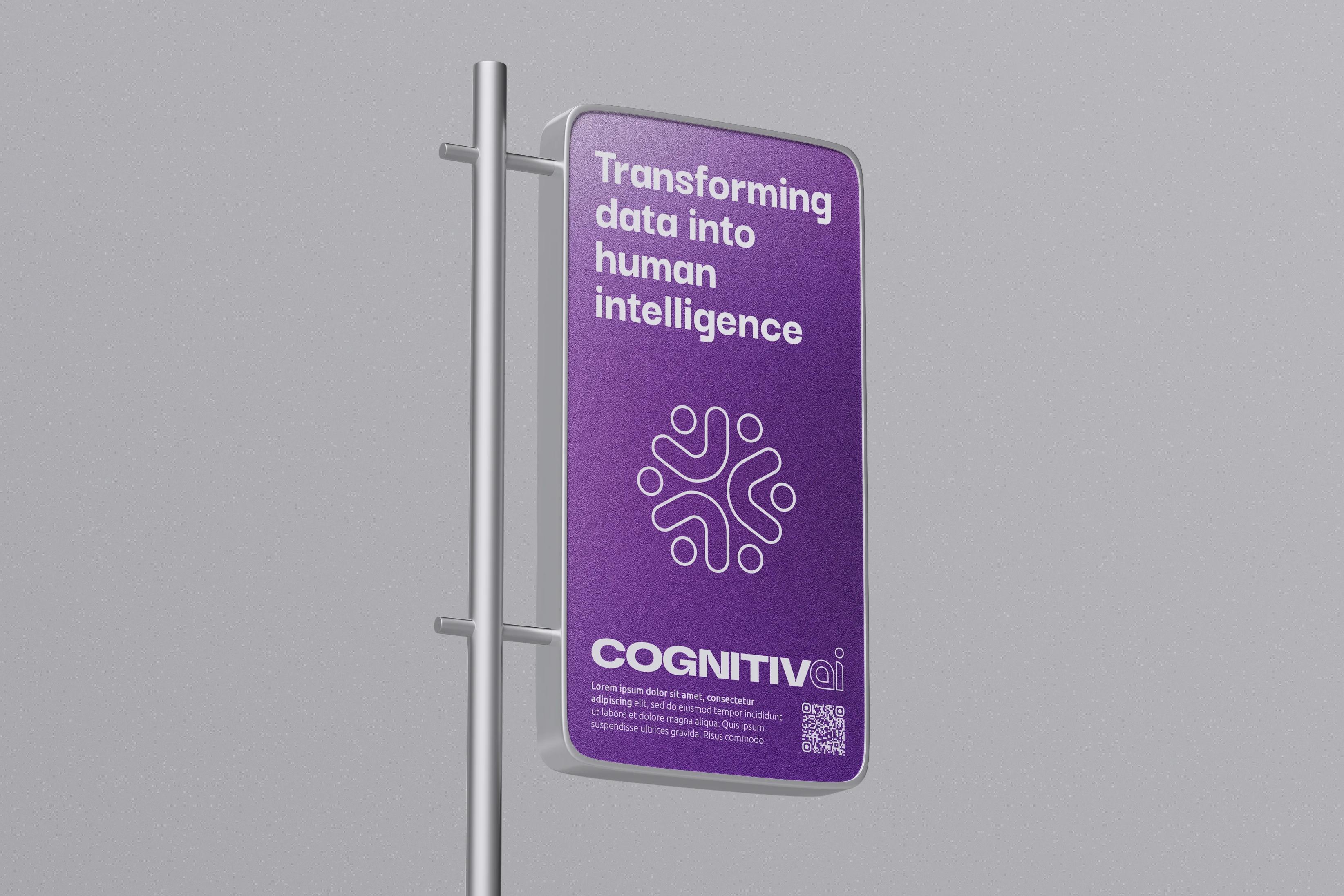 A purple street-pole sign reading 'Transforming data into human intelligence' above the Cognitiv AI mark.