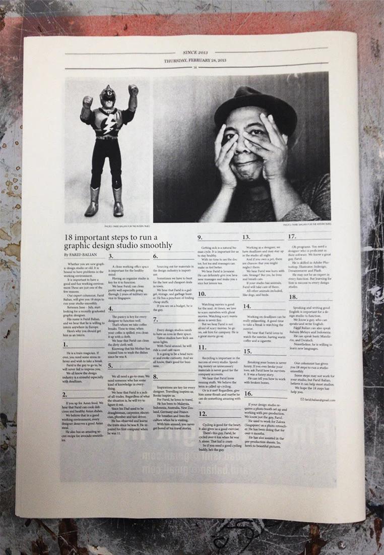 A single page on a scratched metal surface: two black-and-white portraits above an eighteen-point numbered article in narrow columns.